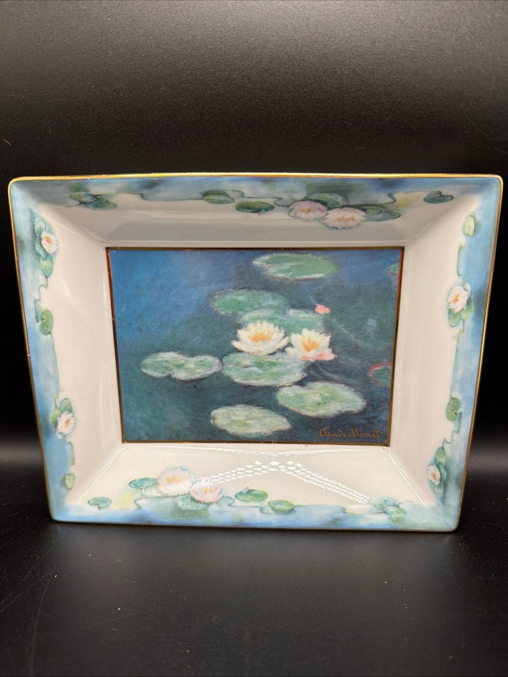 Claude Monet Porcelain Trinket Dish Decor Piece Fleurs de Soir Gold Trim Goebel